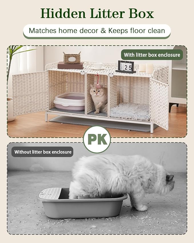 SETVSON Cat Litter Box Enclosure for 2 Cats, PE Rattan Kitty House, White | Handwoven PE Rattan with 2 Absorbent Mats, 3.2-In Heightened Metal Feet, 2 S-Hooks, 47.3 x 19.7 x 24 Inches Cabinet