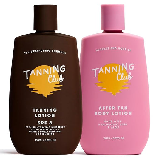 Tanning Club Hydrating Glow Duo: SPF 8 Tanning Lotion and After Tan Lotion with Hyaluronic Acid – Water and Sweat Resistant for up to 80 Minutes – Moisturizing Set for Radiant Skin