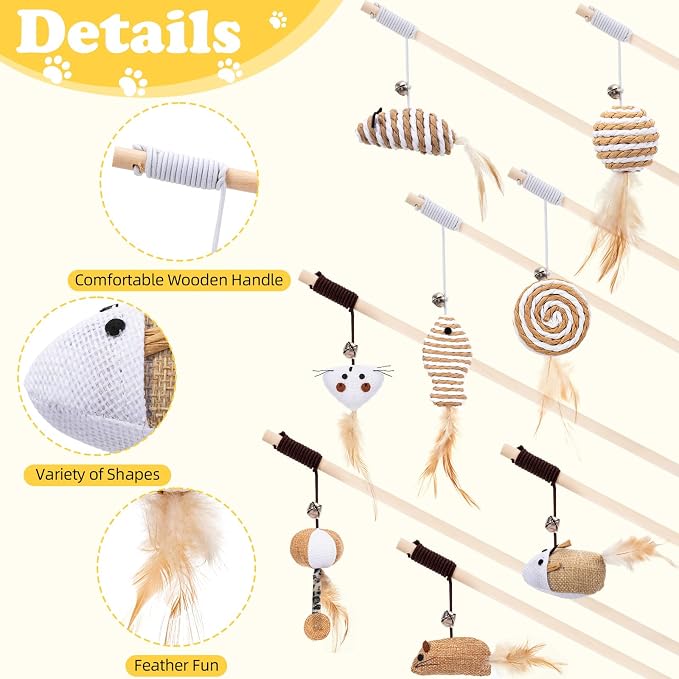 Leitee 16 Pcs Interactive Cat Toys for for Indoor Cats Set, Wooden Cat Wand Toywith Bells Feather Handle Chew Rope Mouse Sisal Balls Kitty Toys for Play Chase Exercise (Brown)
