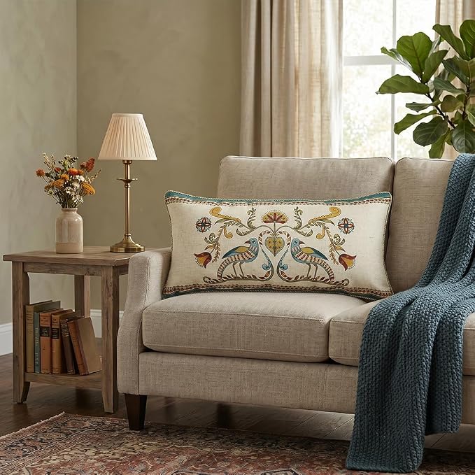 patdrea Designer French Vintage Linen Throw Pillow Cover,12"x28"-Wensel C | RusticDecorative Pillow Case,Bird and Floral Pattern,Cushion Coverfor Couch Living Room Bedroom Sofa