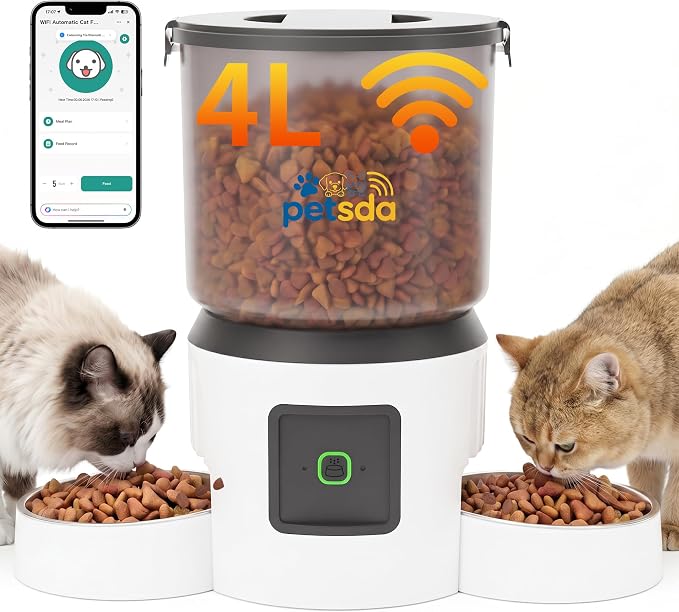 Automatic Cat Feeder for 2 Cats 4L Timed Dry Food Dispenser WiFi 9 Meals Programmable 1-15 Portion Per Day with APP Control Double Bowl Dual Power Supply with 2 Stainless Bowl for Multi-Pet Easy Clean