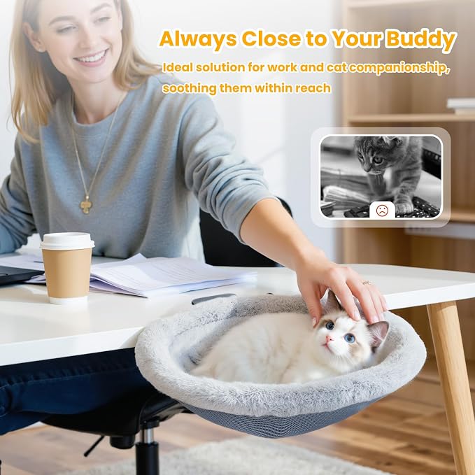 Pawaboo Cat Desk Bed, One-Click Foldable Sunken Cats Hammock up to 40lbs | Cat Side Table Beds with Soft Plush, Reversible & Washable Hanging Cats Bed with Steel Clamp for Game Office Home Desktop