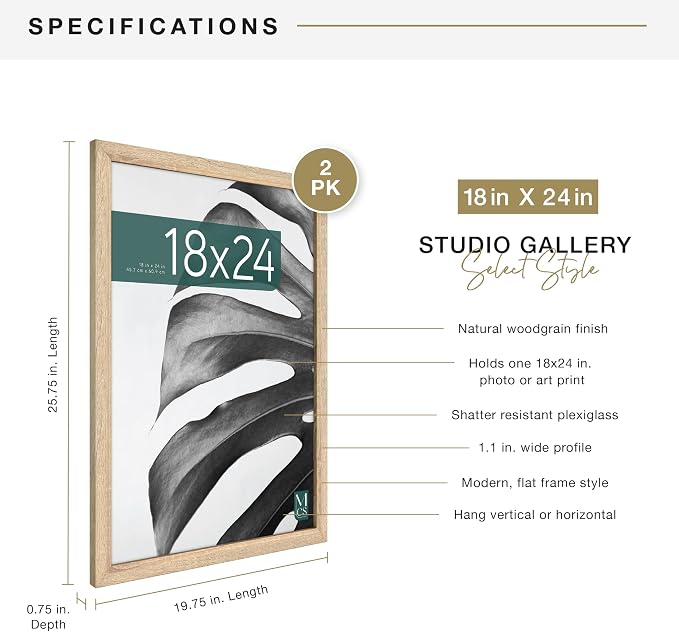 MCS Studio Gallery 18x24 Poster Frame Natural Woodgrain Engineered Wood, Vertical & Horizontal Wall Hanging Large Picture Frame for Photos, Posters & Art Prints (2-Pack)