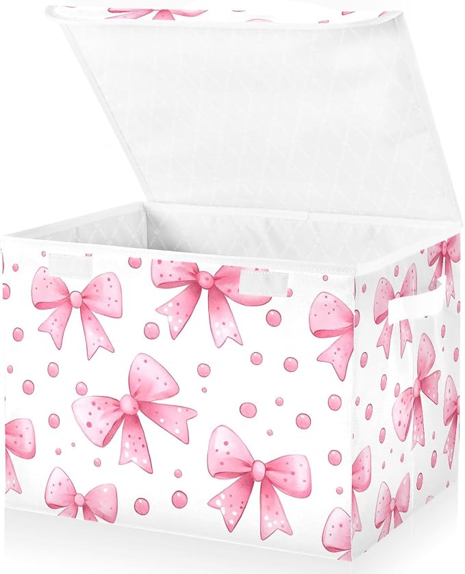 Bows and Polka Dots Storage Bins with Lids and Carrying Handle,Foldable Storage Boxes Organizer Containers Baskets Cube with Cover for Home Bedroom Closet Office