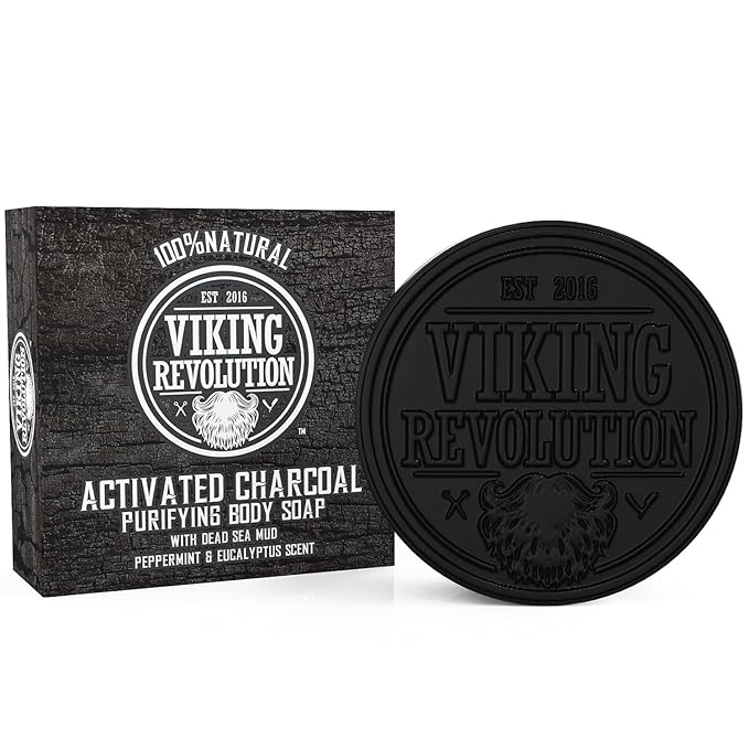 Viking Revolution Skin Cleaning Agent Activated Charcoal Soap for Men w/Dead Sea Mud, Body and Face, Cleanser,Cleansing Blackheads - Peppermint & Eucalyptus Scent 6 Oz (Pack of 1)