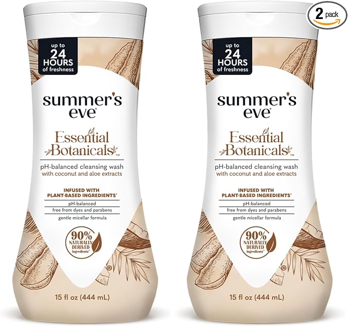 Summer's Eve Essential Botanicals Daily Feminine Wash, Coconut Aloe, Gentle pH-Balanced Body Wash for Women, Feminine Care to Remove Vaginal Odor, Gynecologist Tested, 15 fl oz (Pack of 2)