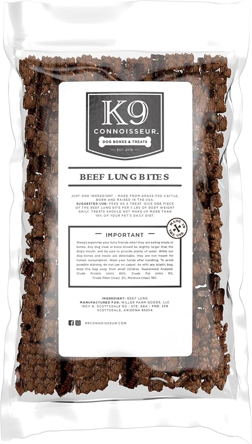 K9 Connoisseur Beef Lung Dog Treats - USA Made Single Ingredient Dog Treat | Bulk Dogs Treat, Grain Free, Low Calorie, Training, for All Breeds & Sizes - 8 oz