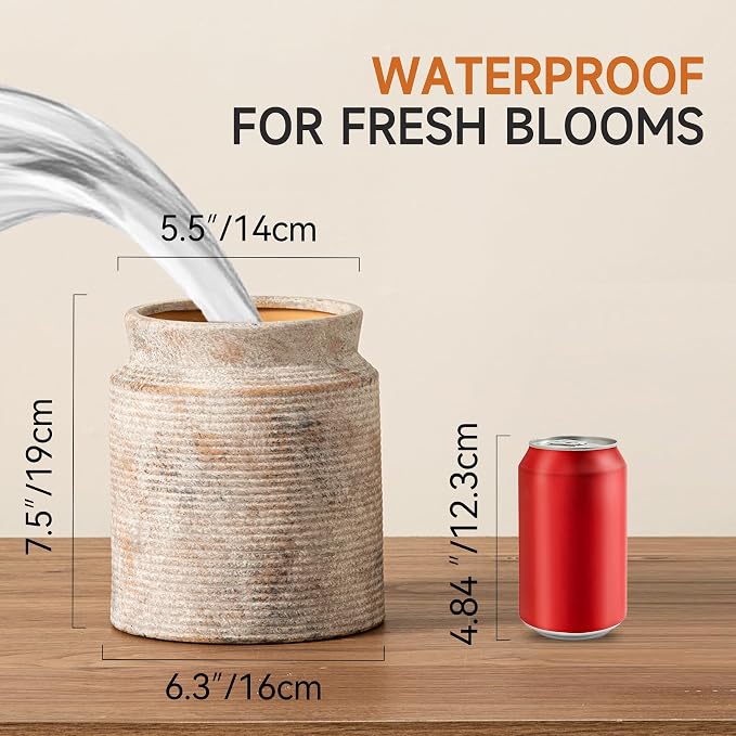 Ceramic Flower Vase 7.5 inch Farmhouse Rustic Vase for Home Decor Handcrafted Pottery Terracotta Vases for Dining Table Decor Fireplace Living Room Bathroom Wedding Centerpiece (M-Terracotta)