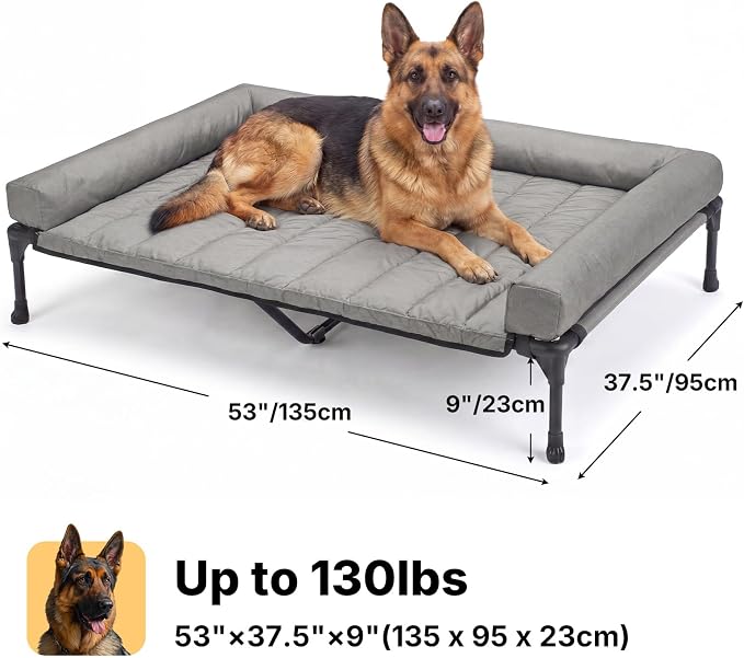 Veehoo Outdoor Elevated Dog Bed with Waterproof Bolster Cushion, Cooling | Raised Dog Bed with Removable & Washable Mat Topper, Breathable Mesh, Dog Couch Cot for Indoor Outdoor, 53", Large, Grey