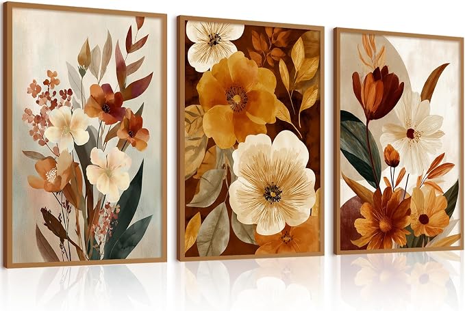 Boho Flower Wall Art Vintage Abstract Floral Prints Botanical Canvas Wall Decor Flower Farmhouse Pictures Fall Plant Poster Rustic Autumn Floral Artwork for Bedroom Living Room 16x24x3 Inch Unframed ﻿