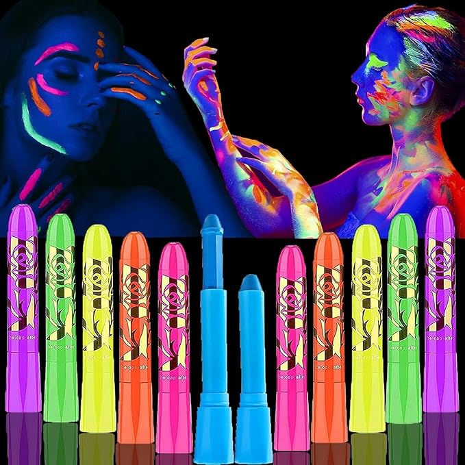12 Pcs Face Painting Kits for Kids, Glow In The Dark Under UV Black Light Sticks，Face Body Paint Glow Party Supplies，for Birthday, Halloween, Thanksgiving Day, Cosplay Makeup, Gifts for Kids Adult
