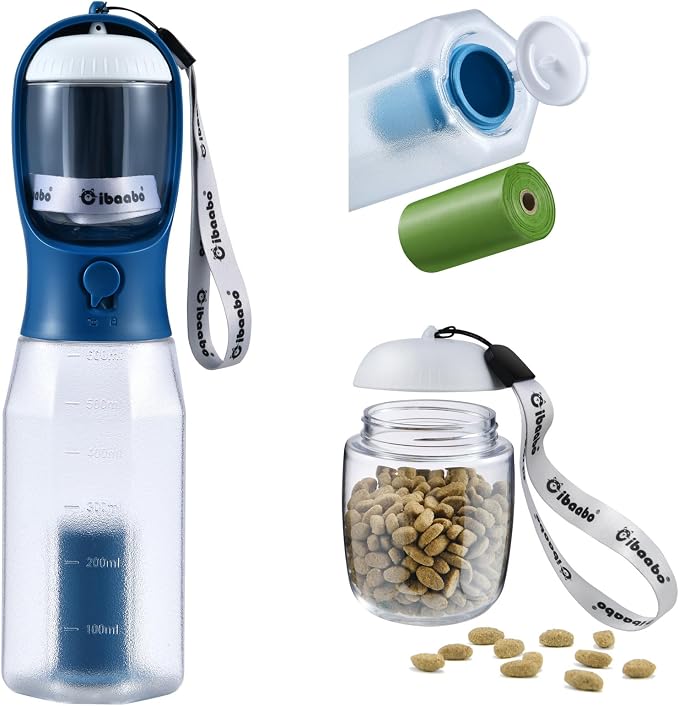 Cibaabo Dog Water Bottle with Food Container & Poop Bag Holder & Filter | Feeding & Hydration & Waste All in One | Travel Puppy Water Bowl | Portable Pet Dispenser | Dog Gifts | for Walking Beach