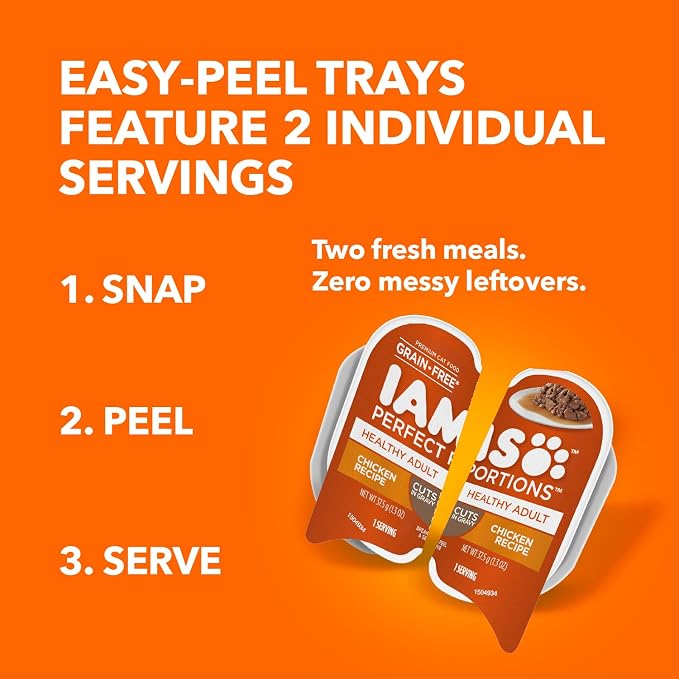 IAMS Perfect Portions Cuts in Gravy Wet Cat Food, Chicken, 24 Count | Grain-free, antioxidant Vitamin E for immunity, no artificial flavors or preservatives, 2.6 oz. twin-pack trays, made in USA