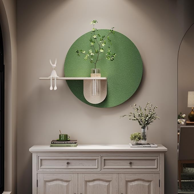 3D Sage Green Round Wall Art Decor with Shelf, Minimalist Green Sandstone Textured Artwork for Walls, Aesthetic Circle Wall Decor for Living Room, Hallway, Dining Room, Bedroom, Office, 24x24 Inch