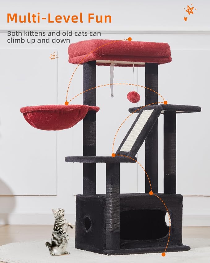 Taoqimiao Gothic Cat Tree, 38.5In Cat Tower for Indoor Cats, for Kittens | Thick Padded Top Perch, Luxurious Cat Condo, Adjustable Basket, 1-Piece Ramp Scratcher, 3 Natural Sisal Posts, MS029SBR