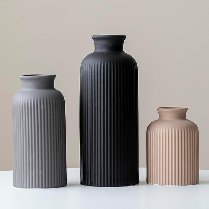Large Modern Ceramic Vase Set, Black Ribbed Matte Finish, 3-Piece Decorative Vases for Home Living Room Office, 10 inch Tall, 4 inch Width (XL Black Mix)