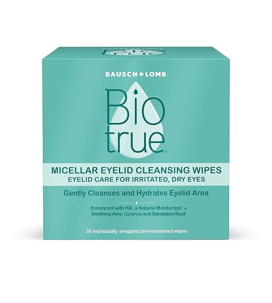 Biotrue Micellar Eyelid Cleansing Wipes, Fragrance-Free Eyelid Care for Dry, Irritated Eyes, Gently Cleanses, Hydrates & Soothes Eyelids, Moisturizing Eye Wipes for Daily Use, 30 Wipes (Pack of 1)