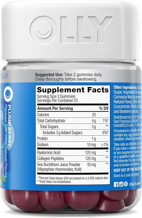 OLLY Glowing Skin Gummy, Hydrated & Youthful Skin,* Hyaluronic Acid, Collagen Peptides, Sea Buckthorn, Plump Berry Flavor, 25 Day Supply - 50 Count (Pack of 2)