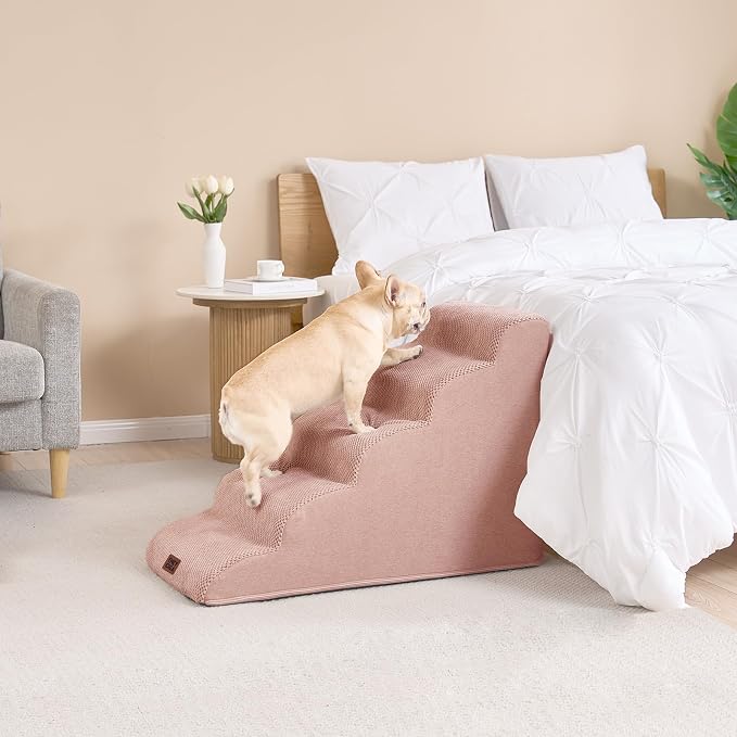 EHEYCIGA Curved Dog Stairs Ramp, 5-Step High Beds, 22.6" H Pet Step | 33D density of pure foam, for Small Dogs and Cats, Pet Stairs for High Bed Climbing, Non-Slip Balanced Indoor, Dusty Pink