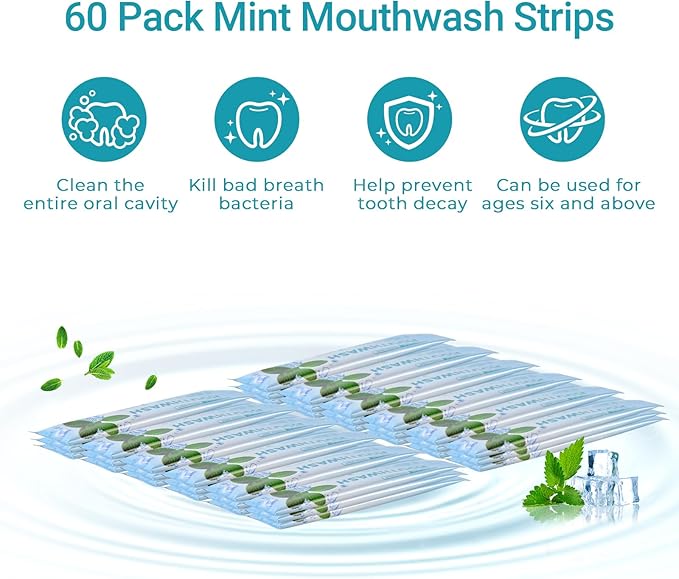 Dincherbel Travel Mouthwash Packets (60 Count) - Alcohol & Fluoride Free Natural Mint Mouth Wash - TSA Approved Individual Packets - Portable, Leak-Proof Sachets for Bad Breath, Gum Health & Dry Mouth