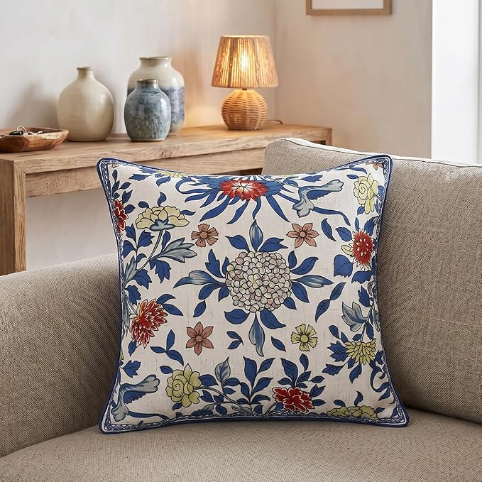 patdrea Designer Vintage Linen Throw Pillow Cover,18"x18",Set of 2-Ivar A | Decorative Pillow Cover,Blue and White Floral Pattern,Pillow Case for Couch Living Room Bedroom Sofa Outdoor