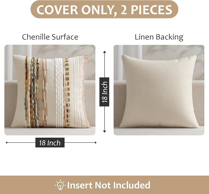 ANRODUO Decorative Boho Pillow Covers Orange White 18x18 Inch Pack of 2 | Throw Pillow Covers, Farmhouse Striped Pillow Covers, Chenille Tufted Pillow Cases, Neutral Pillowcase for Living Room Couch