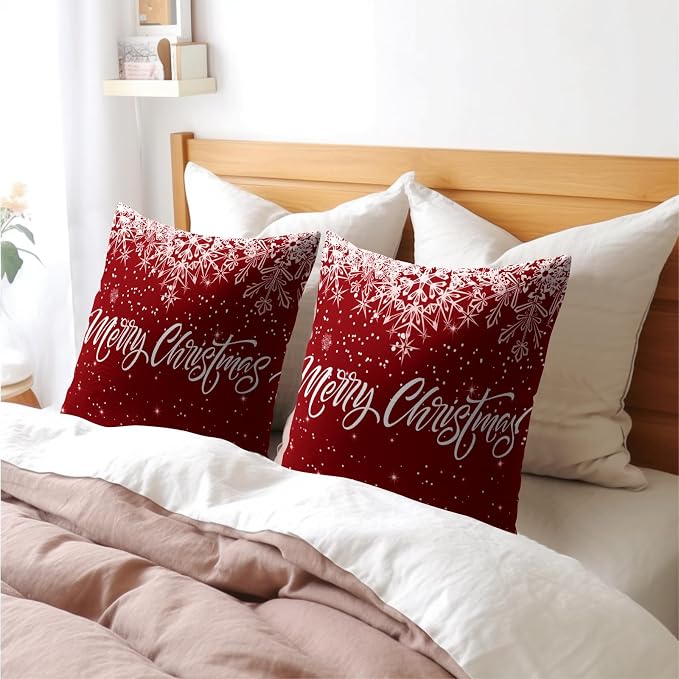 Kawani Merry Christmas Throw Pillow Covers 2pc, 22x22 Inch Farmhouse Red Xmas Snowflakes Winter Holiday Cushion Case Decoration Linen Square Pillowcase for Bed Couch Indoor Home Decor