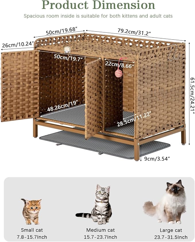 SETVSON Litter Box Enclosure Furniture with Divider, Cat Cabinet, Natural | Handwoven PE Rattan with Soft Litter Mat, 3.54-In Heightened Metal Feet, 2 S-Hooks, 31.2 x 19.6 x 24.2 In Spacious