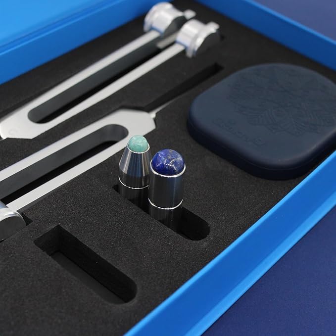 Ckakra Weighted Tuning Forks Set with Genuine Gemstone Boot, Complete Set for Effective Sound Therapy,Gem-Feet for Deeper Resonance & Enhanced Vibration,Odorless Silicone Activator,128C&192G