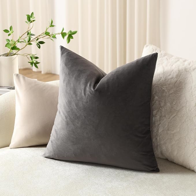 Throw Pillow Covers 20x20 Dark-Grey: 2 Pack Cozy Soft Velvet Square Decorative Pillow Cases for Farmhouse Home Decor