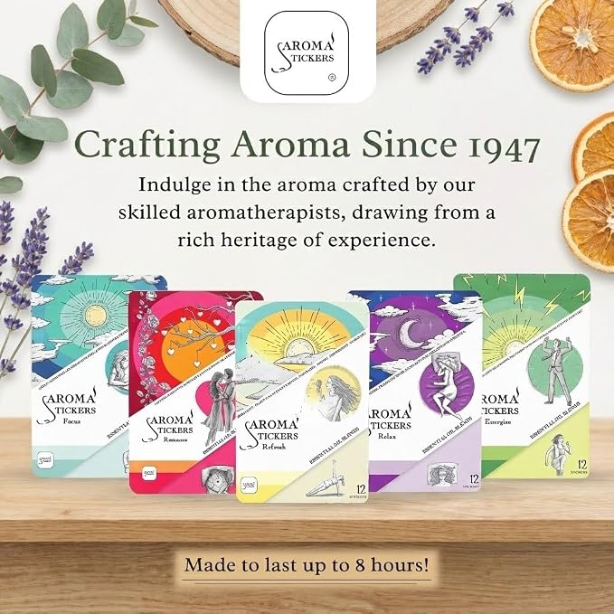 AROMA STICKERS® Original Blend RELAX Edition- 100% Natural Essential Oil Scented Mask Stickers for Face Mask & Pillow (12 Stickers/pc) -Personal Aroma/Relaxing (Pack of 1)