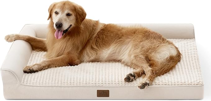 COZY KISS Orthopedic Dog Bed for Extra Large Dogs, L Shaped XXL 48x35 inch | Non-Slip Bottom Soft Pet Sofa with Washable Removable Waterproof Cover, Egg-Crate Foam Couch with Portable Handle, Beige
