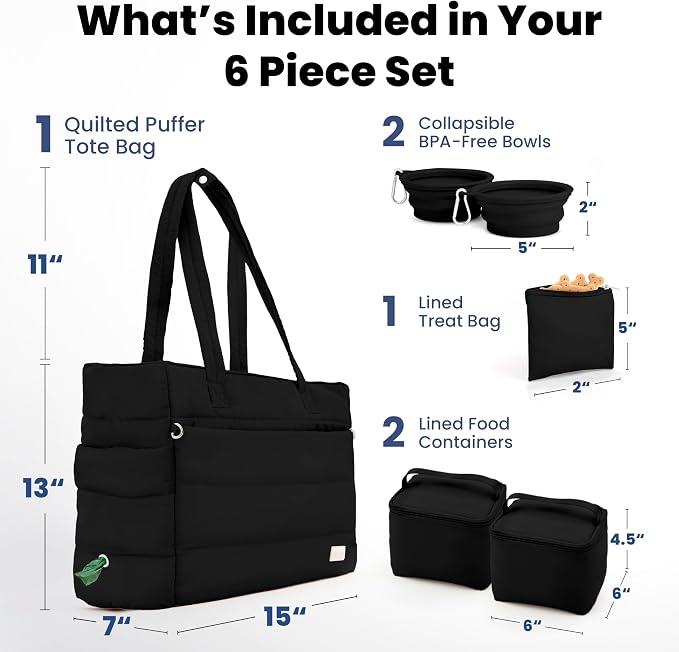 Rubyloo Puffer Dog Travel Bag for Dog Moms, Diaper Bag with Travel Bowls