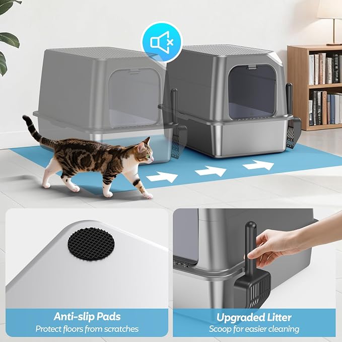 XL Stainless Steel Litter Box with Lid, Enclosed Cat Litter Box,Front Entry | XL for Big Cats, High Sides Enclosed Design, Anti-Urine Leakage, Non-Stick Odor-Free, Easy Clean, Reduce Litter Tracking