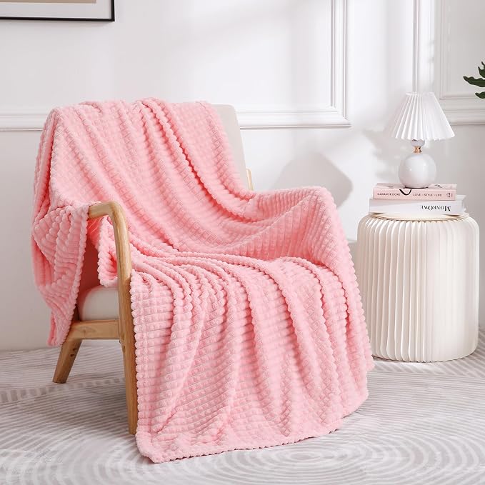 Puncuntex Fleece Throw Blanket Light Pink 50"×60" with Square Grid Design | Super Soft Plush Cozy Flannel Throw Blanket Luxury for Couch Sofa Chair