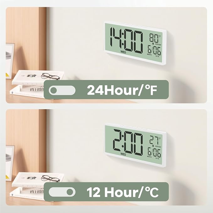 JALL Large Digital Wall Clock Battery Operated, Wall Clock with Big Numbers LCD Display, Digital Clock with Simultaneous Date Day Temperature, Auto DST, Clocks for Office, Gym, Bedroom, Elderly- White