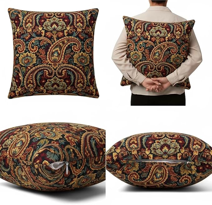 Vintage Paisley Flowers Pillow Covers 24X24 Inch Set of 2 Rustic Burnt Orange Abstract Boho Floral Decorative Square Pillow Cases Bohemian Art Cushion Case Farmhouse Home Decor for Sofa Couch