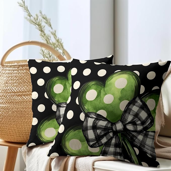 Kawani St Patricks Day Pillow Covers 2 Pcs - 22x22 Inch Green Shamrock White Clover Polka Dots Spring Decorative Pillowcases Cotton Linen Cushion Cover for Couch Sofa Chair Holiday Decor