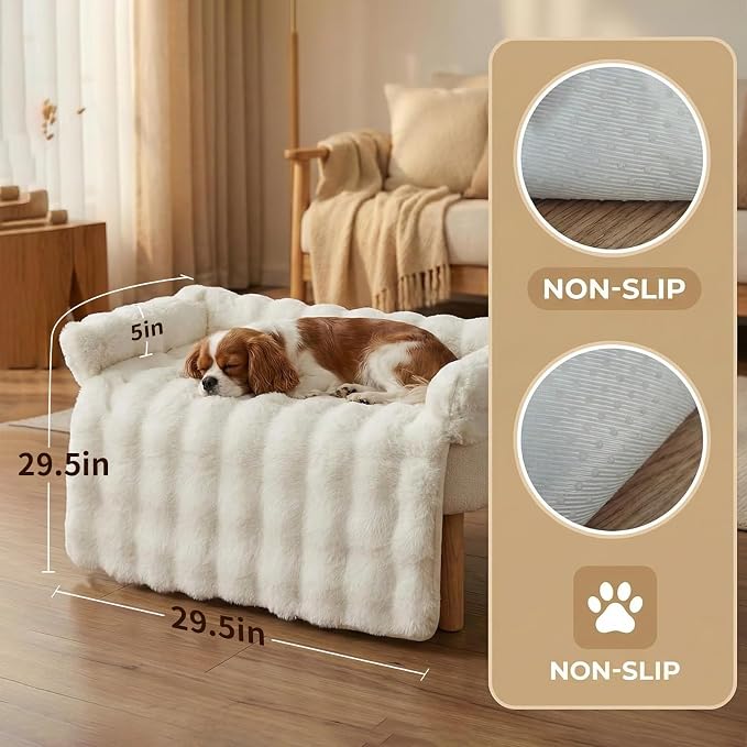 Calming Dog Bed for Couch, 29.5 x 29.5 inch, Dog Sofa Mat, Machine Washable | 3-Sided Bolster, Faux Rabbit Fur Plush, Non Slip Bottom, Water Resistant Furniture Protector for Small Medium Dogs & Cats