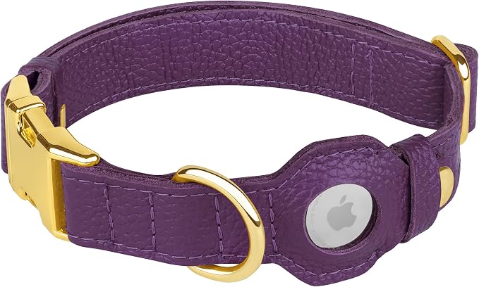 Leather Airtag Dog Collar - Soft Tracking Dog Collar with Apple AirTag Holder and Metal Buckle - Safety GPS Pet Collars for Small Medium Large Dogs Puppy Pink Red (Purple, XL, 20"-25" Neck Fit)