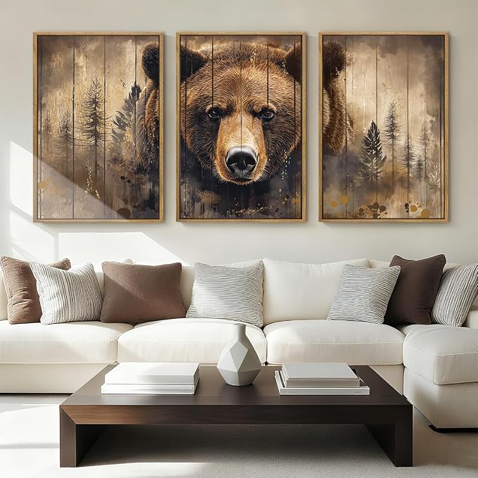 ANHUIB Vintage Brown Bear Canvas Wall Art 16x24 Inch Framed Forest Woodland Paintings Rustic Farmhouse Wildlife Wall Decor Set of 3 for Living Room Bedroom Dining Room