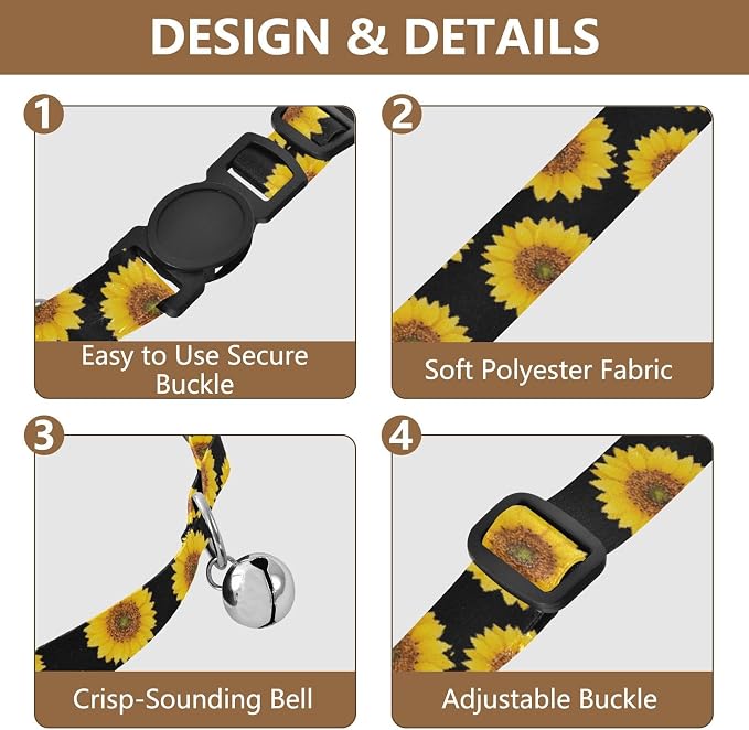 Black Sunflower Easy to Clean Small Dog Collar 2 Pack Collar for Cats