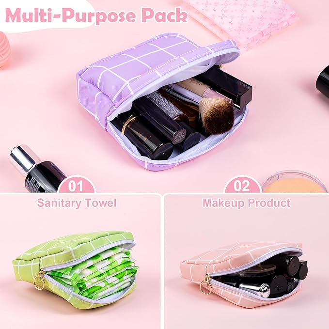 Period Bag Pouch Soft Cloth Sanitary Napkin Storage Bag Portable Menstrual Pad Pouches Tampon Holder for Purse First Period Kit for Girls 9-12 (Purple-White Check)