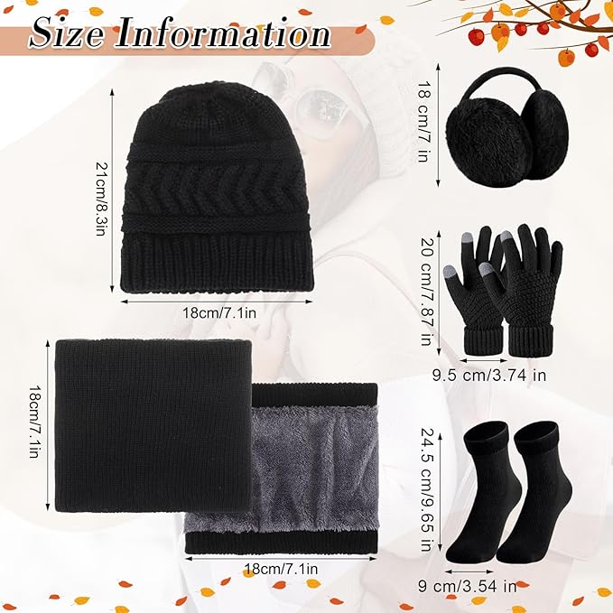 SATINIOR 5 Pcs Winter Hat Scarf Gloves Set Fleece Warm Lined Knit Beanie Hat Touch Screen Earmuff Gloves Warmer for Women(Black,Ponytail Style)