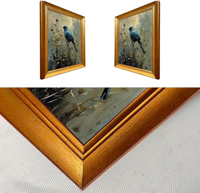 Vintage Blue Bird Wall Art Gold Framed Wall Decor Dark Cottage Core Farmhouse Canvas Print Academia Gothic Aesthetic Moody Botanical Woodland Oil Painting Artworks for Bedroom Living Room Decor