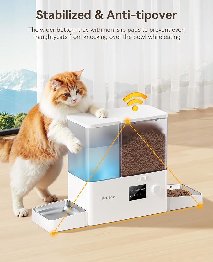 2-in-1 Automatic Cat Feeder & Water Dispenser,WiFi Control Feeding | 2.4G WiFi APP/Timed Feeding/5L Food Feeder,3.5L Water Fountain/Stainless Steel Bowls/Detachable Clean/White