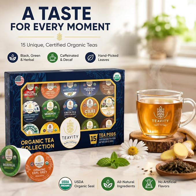 Organic Tea Pods Variety Pack - Assorted Sampler Pack Compatible for Keurig Brewer and Coffee Maker - Earl Grey, English Breakfast, Chai, Chamomile - Herbal Tea Pod for K Cup Keurig Brewing -15 count (Pack of 1) by Teavity