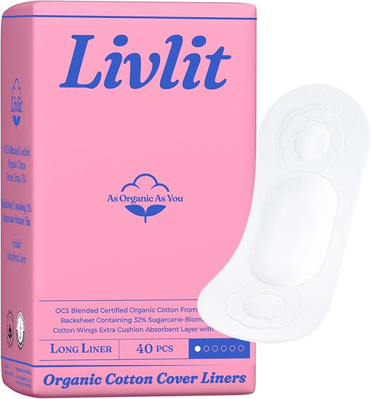 Livlit Ultra Thin Panty Liners Sanitary Pads, 100% Certified Organic Cotton from Texas, Light Absorbency, Chlorine Free, Unscented, Hypoallergenic Panty Liners for Women (40 Count)