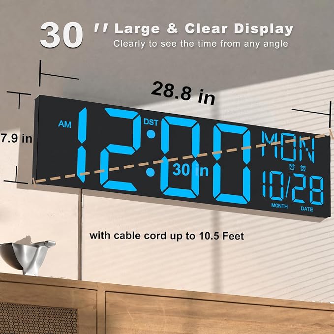 JALL 30" Giant Digital Wall Clock, Extra Large LED Clock with Remote, Huge Wall Clock with Jumbo Numbers for Living Room, Gym, Blue