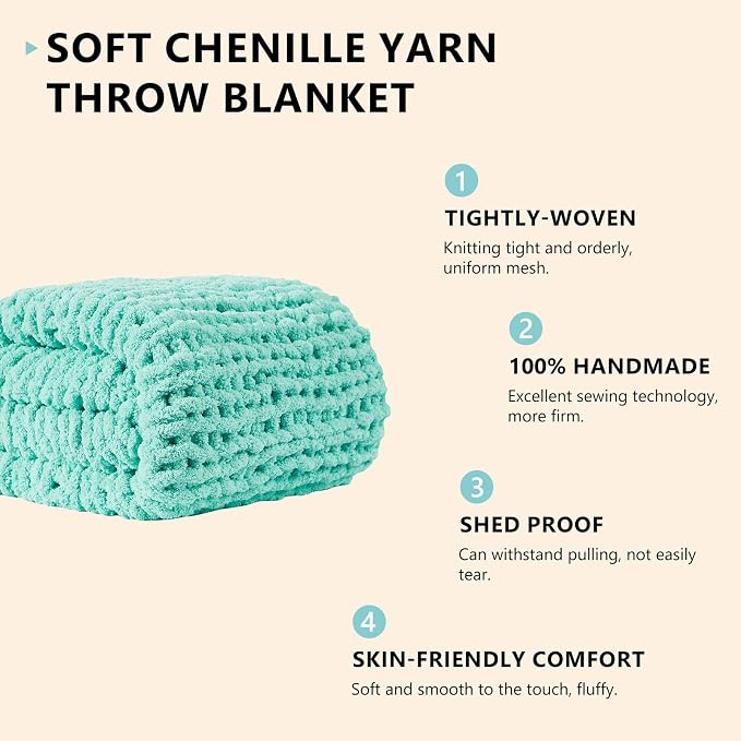 L'AGRATY Chunky Knit Throw Blanket for Couch, 50 x 60 Inches, Lake Blue | Handmade Chenille Crochet Blanket for Sofa Bed, Thick Cable Knitted Blankets for Room Home Decor, Birthday Gift for Women Mom